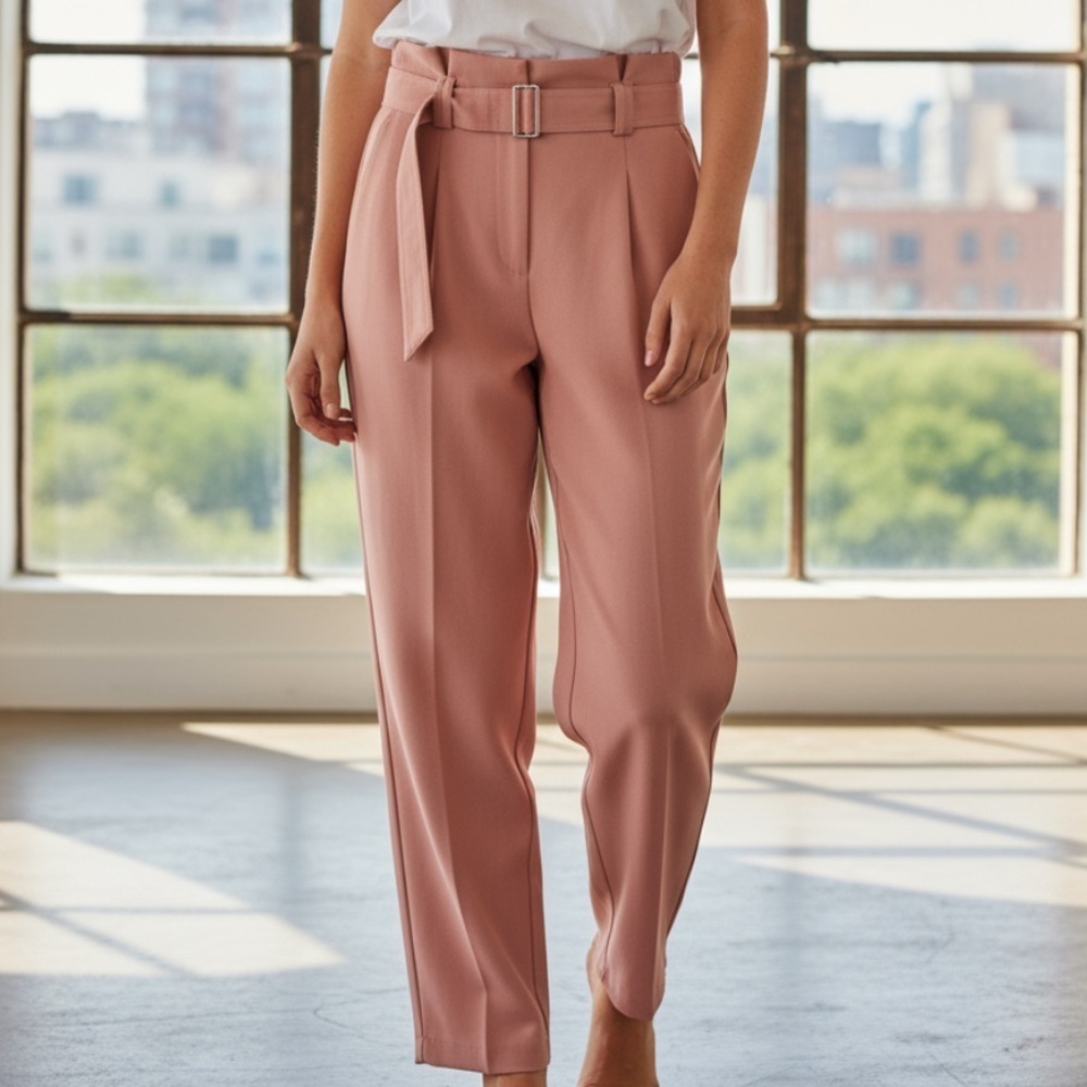 Primark pink paperbag waist belted pants 4